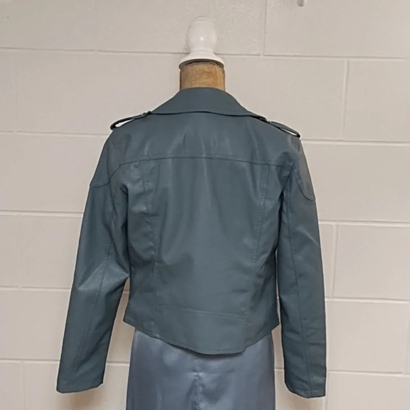 Blue Faux Leather Bomber Moto Jacket Small Silver Hardware - Picture 2 of 11